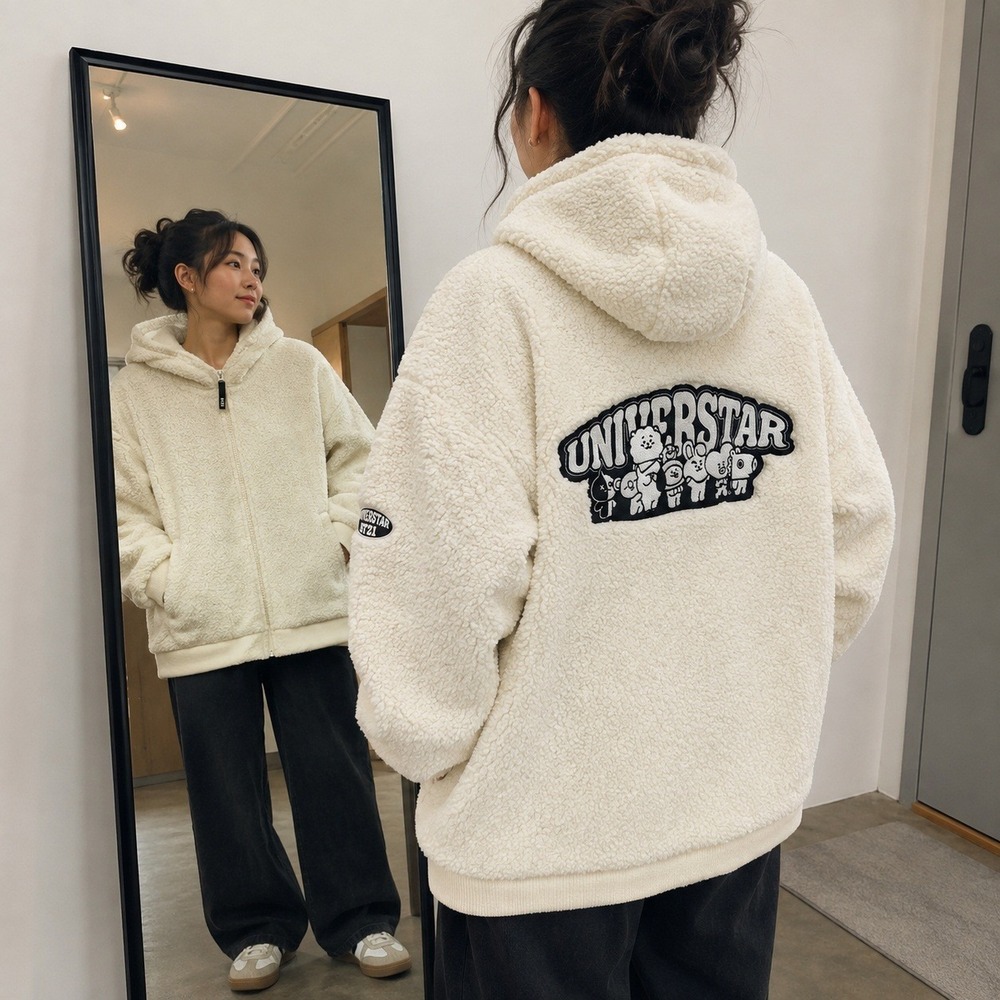 BT21 Universtar Sherpa Fleece Jacket Cream L BTS K-Pop Full Zip NWOT